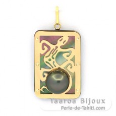 18K Gold + Mother-of-Pearl Pendant and 1 half Tahitian Pearl - Dimensions = 28 x 19 mm - Gecko