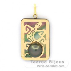 18K Gold + Mother-of-Pearl Pendant and 1 half Tahitian Pearl - Dimensions = 28 x 19 mm - Gecko 18K Gold + Mother-of-Pearl Pendant and 1 half Tahitian Pearl - Dimensions = 28 x 19 mm - Gecko
