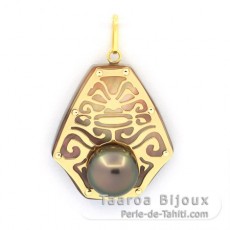 18K Gold + Mother-of-Pearl Pendant and 1 half Tahitian Pearl - Dimensions = 24 x 21 mm - Tiki