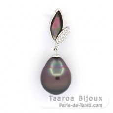 Rhodiated Sterling Silver Pendant and 1 Tahitian Pearl Semi-Baroque B 10.5 mm