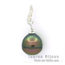 Rhodiated Sterling Silver Pendant and 1 Tahitian Pearl Ringed B 10.5 mm