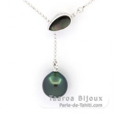 Rhodiated Sterling Silver Necklace and 1 Tahitian Pearl Semi-Baroque A 10 mm