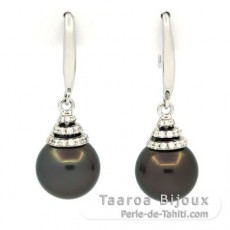 Rhodiated Sterling Silver Earrings and 2 Tahitian Pearls Round C 10.1 mm