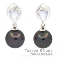 Rhodiated Sterling Silver Earrings and 2 Tahitian Pearls Round C 9.6 mm