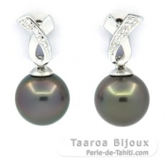 Rhodiated Sterling Silver Earrings and 2 Tahitian Pearls Round C 8.7 mm