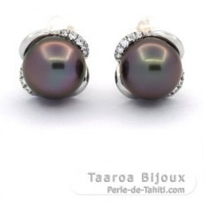 Rhodiated Sterling Silver Earrings and 2 Tahitian Pearls Round C 8.6 mm