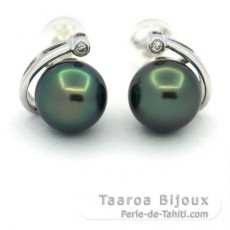 Rhodiated Sterling Silver Earrings and 2 Tahitian Pearls Round C+ 9.3 mm