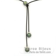 Leather Necklace and 3 Tahitian Pearls Round C 9.5 to 9.8 mm