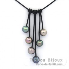 Leather Necklace and 6 Tahitian Pearls Round C 10 to 10.4 mm