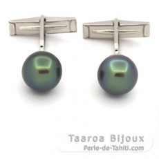 Rhodiated Sterling Silver Cufflinks and 2 Tahitian Pearls Round C+ 11 mm