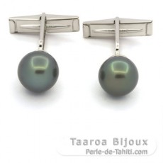 Rhodiated Sterling Silver Cufflinks and 2 Tahitian Pearls Round C 10.6 mm