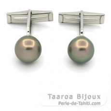 Rhodiated Sterling Silver Cufflinks and 2 Tahitian Pearls Round C 10.7 mm