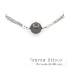Rhodiated Sterling Silver Bracelet and 1 Tahitian Pearl Round C 9.4 mm