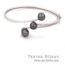 Rhodiated Sterling Silver Bracelet and 3 Tahitian Pearls Semi-Baroque B 8 mm