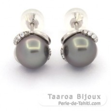 Rhodiated Sterling Silver Earrings and 2 Tahitian Pearls Round C 8.7 mm