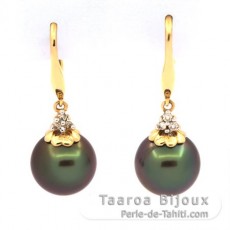14K Solid Gold Earrings + 6 diamonds and 2 Tahitian Pearls Round B 9.5 mm