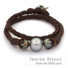 Leather Bracelet and 3 Tahitian Pearls Round C 9.5 to 13.4 mm