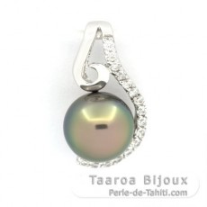 Rhodiated Sterling Silver Pendant and 1 Tahitian Pearl Round C 8.4 mm