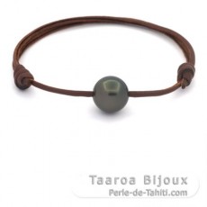 Leather Bracelet and 1 Tahitian Pearl Round C 12.7 mm