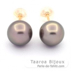 18K solid Gold Earrings and 2 Tahitian Pearls Round B/C 9.2 mm