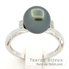 Rhodiated Sterling Silver Ring and 1 Tahitian Pearl Round B 9.3 mm