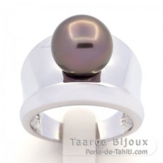 Rhodiated Sterling Silver Ring and 1 Tahitian Pearl Round B 10.8 mm