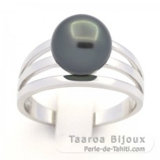 Rhodiated Sterling Silver Ring and 1 Tahitian Pearl Round B 9.5 mm