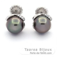 Rhodiated Sterling Silver Earrings and 2 Tahitian Pearls Near Rounds B 8.8 mm