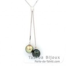 Rhodiated Sterling Silver Necklace and 2 Tahitian Pearls Semi-Baroque 1 A & 1 B 8.7 mm