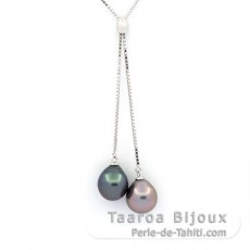 Rhodiated Sterling Silver Necklace and 2 Tahitian Pearls Semi-Baroque B 9 mm