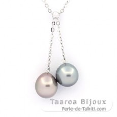 Rhodiated Sterling Silver Necklace and 2 Tahitian Pearls Semi-Baroque 1 B & 1 C 9.5 mm