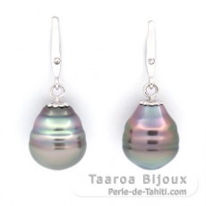 Rhodiated Sterling Silver Earrings and 2 Tahitian Pearls Ringed B & C 10.5 mm