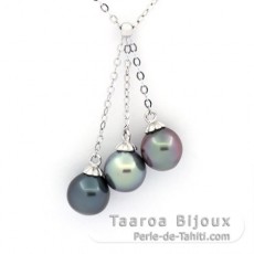 Rhodiated Sterling Silver Necklace and 3 Tahitian Pearls Semi-Baroque C 8.6 to 8.8 mm