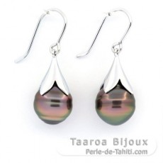 Rhodiated Sterling Silver Earrings and 2 Tahitian Pearls Ringed C 10.6 mm
