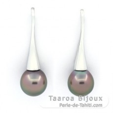 Rhodiated Sterling Silver Earrings and 2 Tahitian Pearls Semi-Baroque B 9.5 mm
