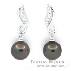 Rhodiated Sterling Silver Earrings and 2 Tahitian Pearls Round C 9 mm