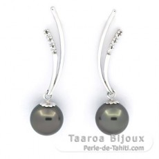 Rhodiated Sterling Silver Earrings and 2 Tahitian Pearls Round C 9.3 mm