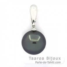 18K solid White Gold Clip Pendant and 1 Tahitian Pearl Round B 12.8 mm