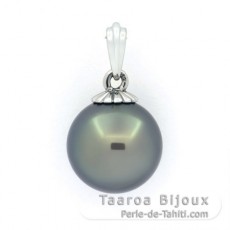 18K solid White Gold Pendant and 1 Tahitian Pearl Round B 12.4 mm