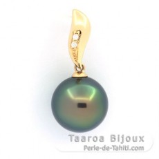 18K solid Gold Pendant + 2 diamonds and 1 Tahitian Pearl Round B+ 11.6 mm
