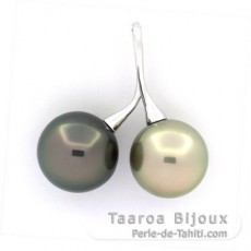 Rhodiated Sterling Silver Pendant and 2 Tahitian Pearls Round C 13.1 and 13.5 mm