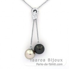 Rhodiated Sterling Silver Necklace and 2 Tahitian Pearls Round C 11.6 and 11.9 mm