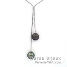 Rhodiated Sterling Silver Necklace and 2 Tahitian Pearls Round C 12.4 and 12.6 mm