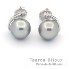 Rhodiated Sterling Silver Earrings and 2 Tahitian Pearls Round C 10 mm