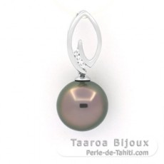 Rhodiated Sterling Silver Pendant and 1 Tahitian Pearl Round C 12 mm