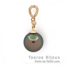 14K Solid Gold Pendant + 13 Diamonds and 1 Tahitian Pearl Round B 9.7 mm