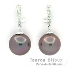Rhodiated Sterling Silver Earrings and 2 Tahitian Pearls Round C 11.5 mm