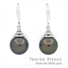 Rhodiated Sterling Silver Earrings and 2 Tahitian Pearls 1 Round & 1 Near-Round C 11.8 mm