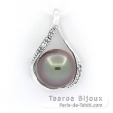 14K Solid White Gold Pendant + 6 Diamonds and 1 Tahitian Pearl Round B 10.5 mm