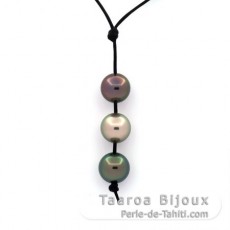 Kangaroo Leather Necklace and 3 Tahitian Pearls Round C from 10.8 to 11.4 mm